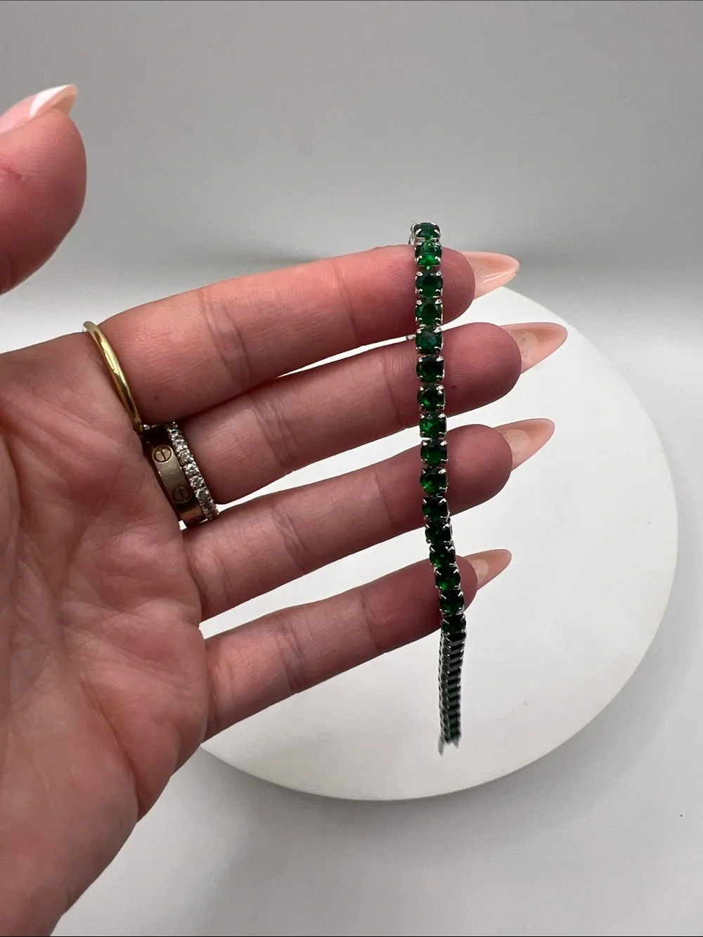 148. Emerald Green Tennis Bracelet White Gold Plated 6 3/4”